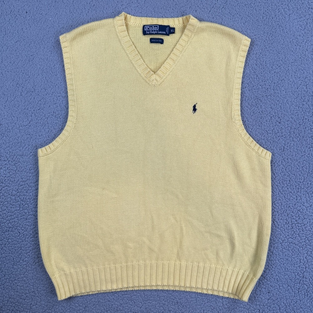 Polo Ralph Lauren Sweater Vest Men XL Yellow Cotton V-Neck Knit Embroidered Pony